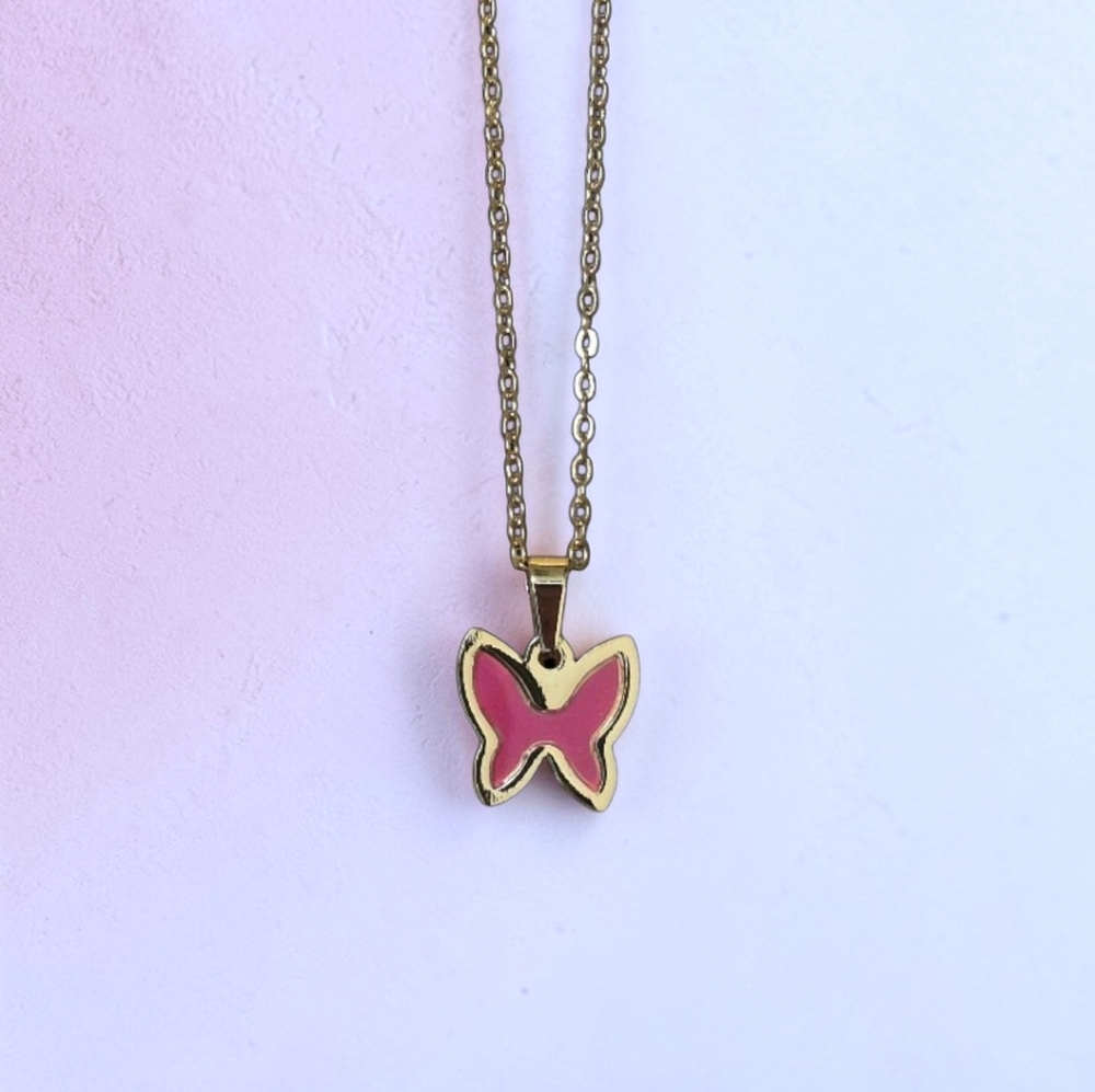 Gold Butterfly Pendant Necklace - PINK - Picture 2 of 3